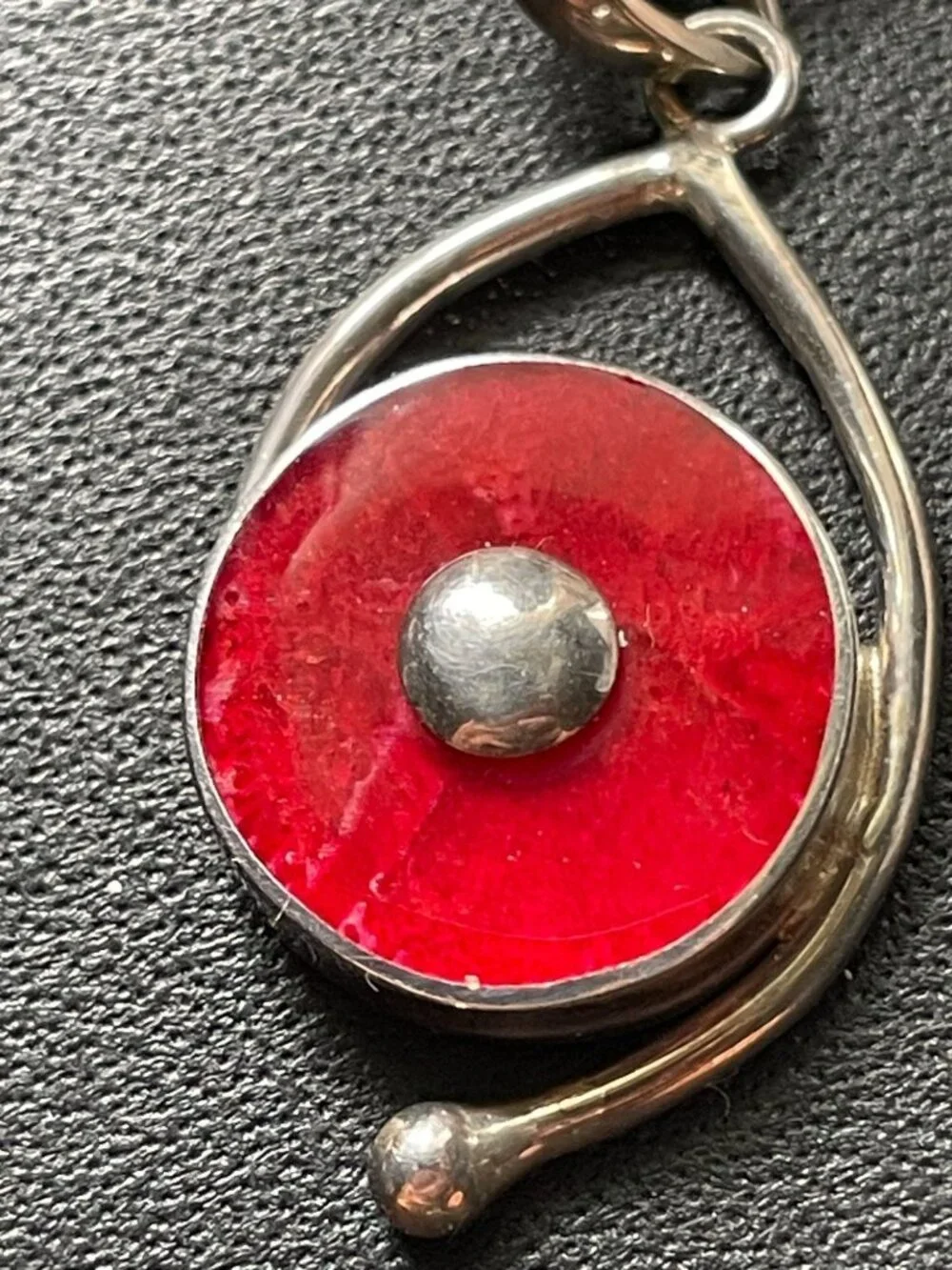 Vintage Sandy Baker Sterling Silver 925 Red Sponge Coral Disc Pendant Necklace